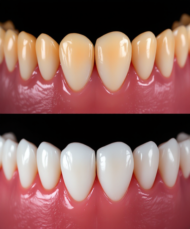 Before and after dental crown restoration showing perfect porcelain crown with natural tooth appearance