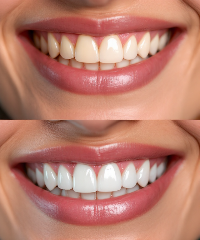 Before and after professional teeth whitening showing brilliant white teeth and bright smile transformation