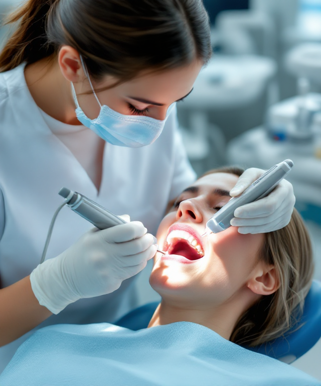 Professional dental cleaning procedure using ultrasonic scaler for plaque and tartar removal
