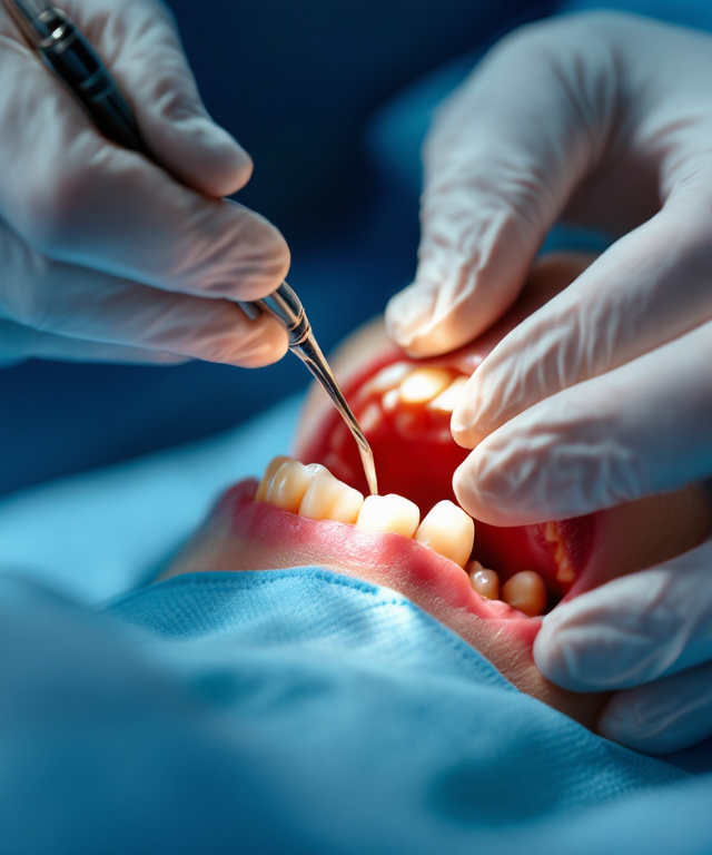 Professional tooth extraction procedure showing dentist using specialized dental tools in sterile environment
